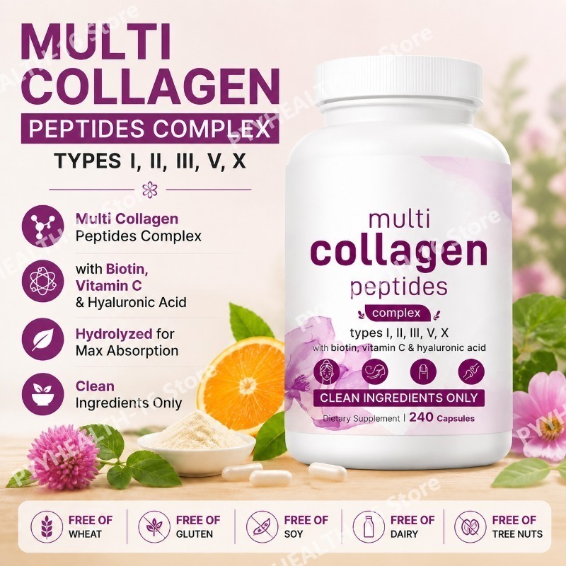 Vitamin C Powder - Capsules de collagène multi-peptides avec biotine,