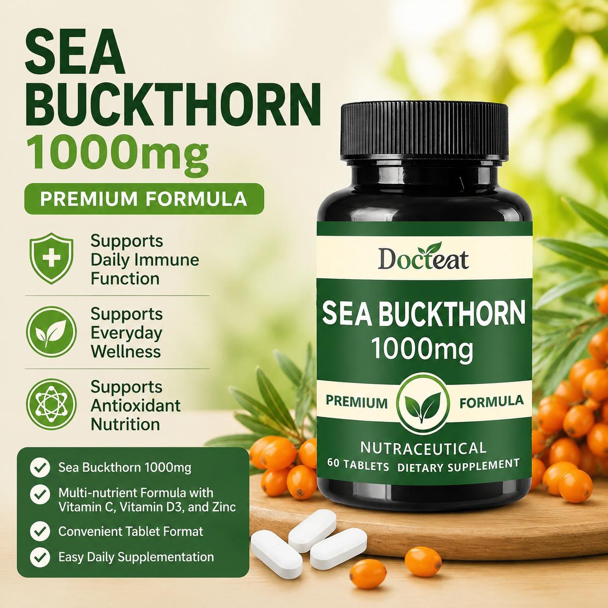 Vitamin C Powder - Docteat Sea Buckthorn 1000mg Comprimés Soutien